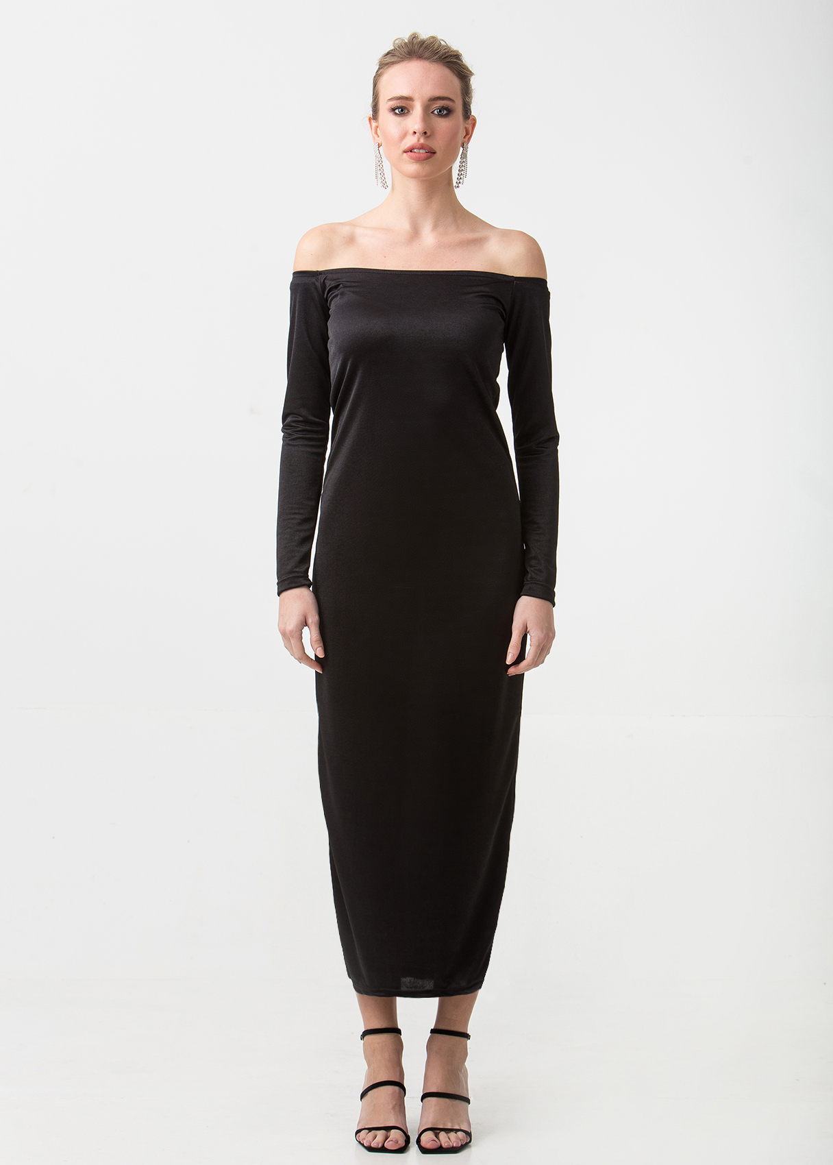 Shoulder Off Black Satin Φόρεμα